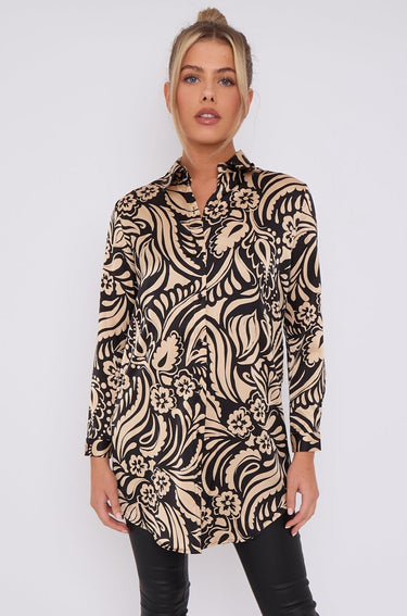 Love Sunshine Black and Beige Paisley Print Satin Long Shirt LS-5002