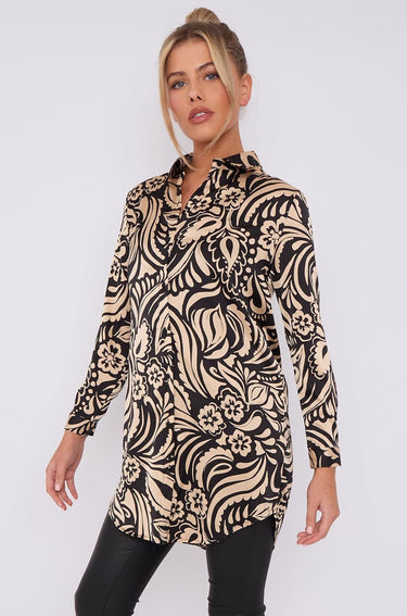 Love Sunshine Black and Beige Paisley Print Satin Long Shirt LS-5002