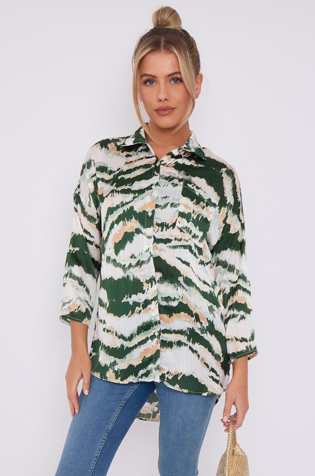 Love Sunshine Green Tie Dye Stripe Print Satin Oversized Shirt LS-5003