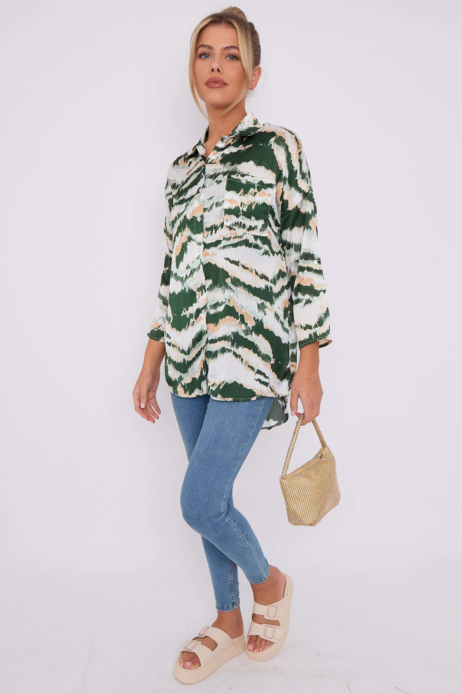 Love Sunshine Green Tie Dye Stripe Print Satin Oversized Shirt LS-5003