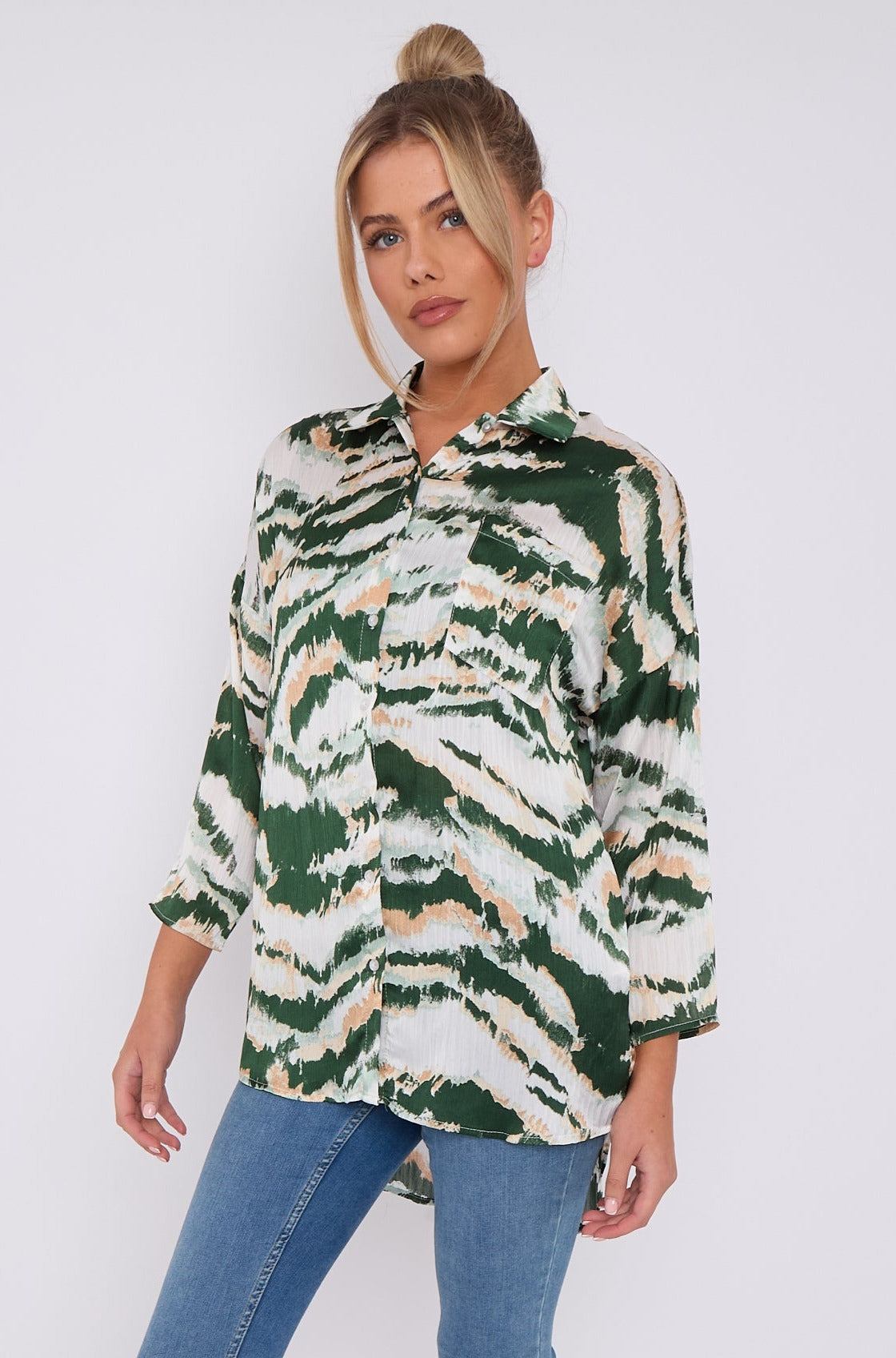 Love Sunshine Green Tie Dye Stripe Print Satin Oversized Shirt LS-5003