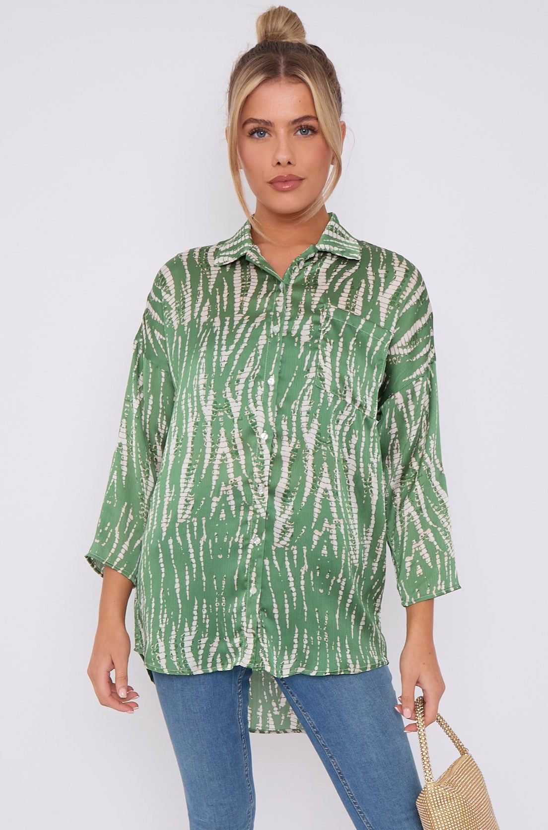 Love Sunshine Green Tie Dye Print Satin Oversized Shirt LS-5003