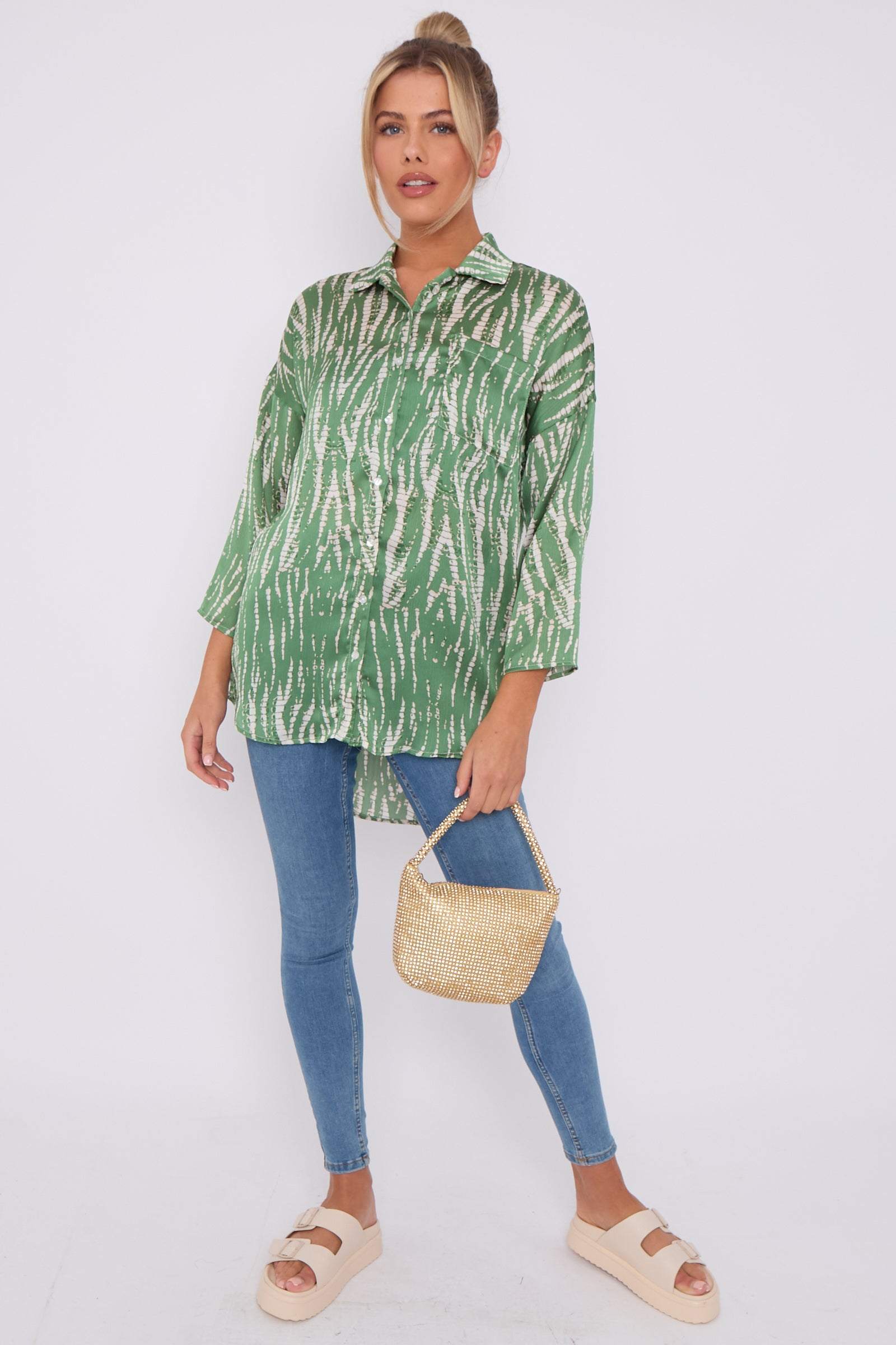 Love Sunshine Green Tie Dye Print Satin Oversized Shirt LS-5003