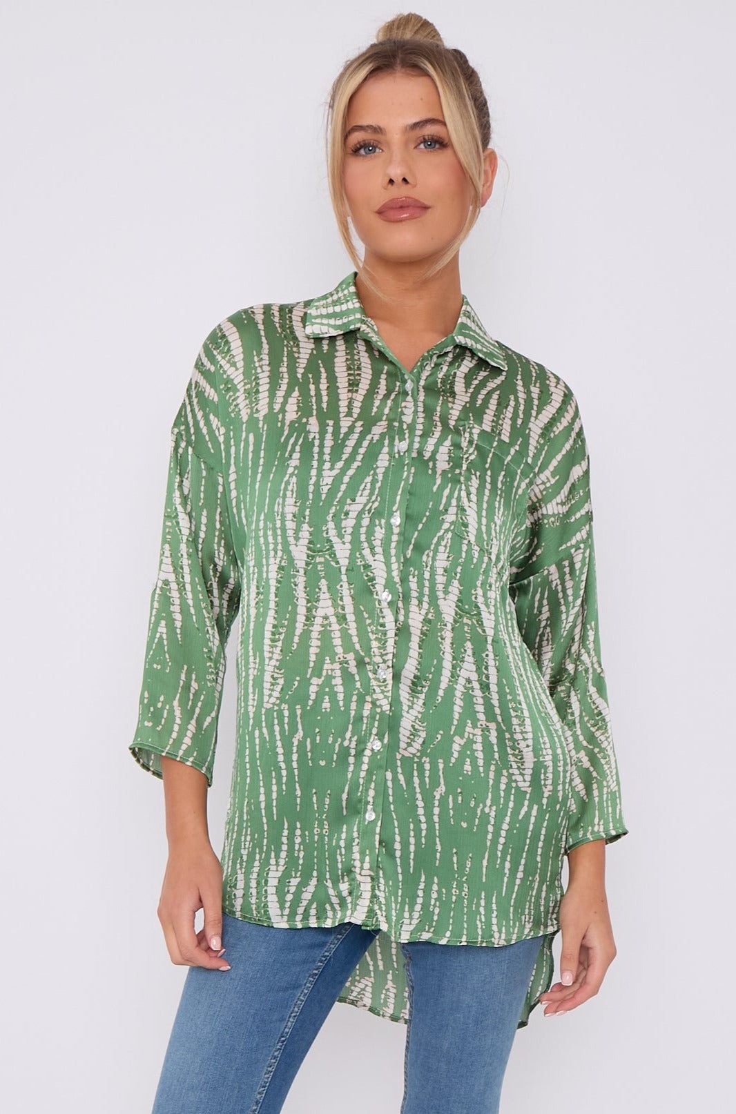 Love Sunshine Green Tie Dye Print Satin Oversized Shirt LS-5003