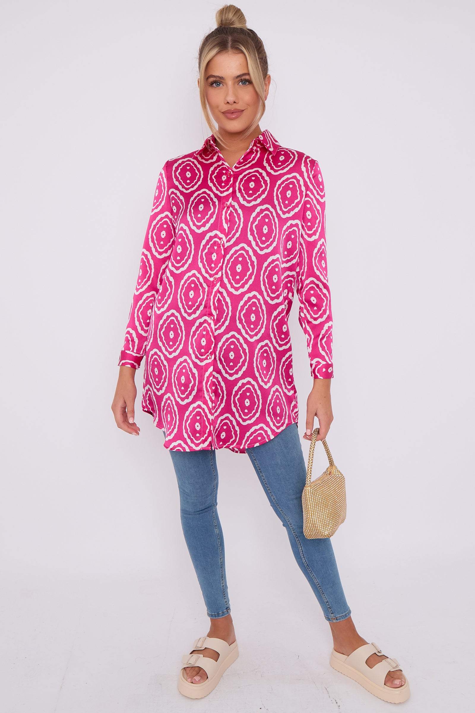 Love Sunshine Pink Tribe Print Bubble Satin Long Shirt LS-5002