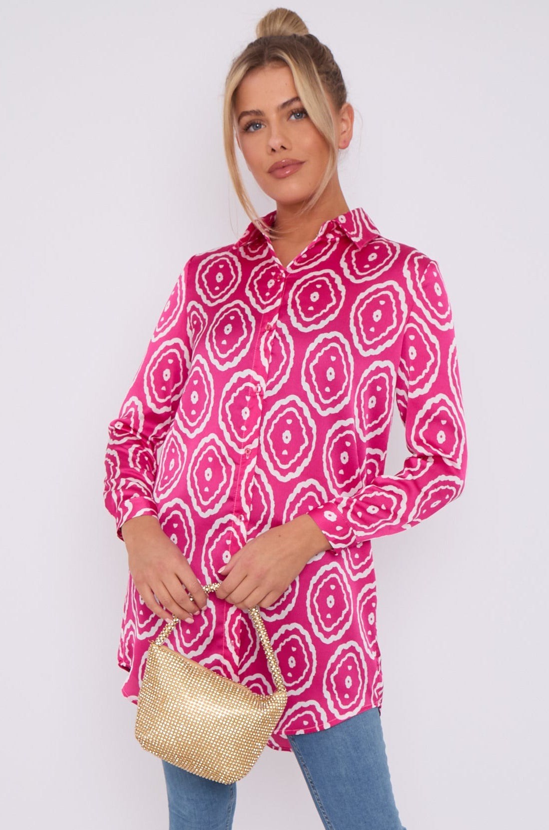 Love Sunshine Pink Tribe Print Bubble Satin Long Shirt LS-5002