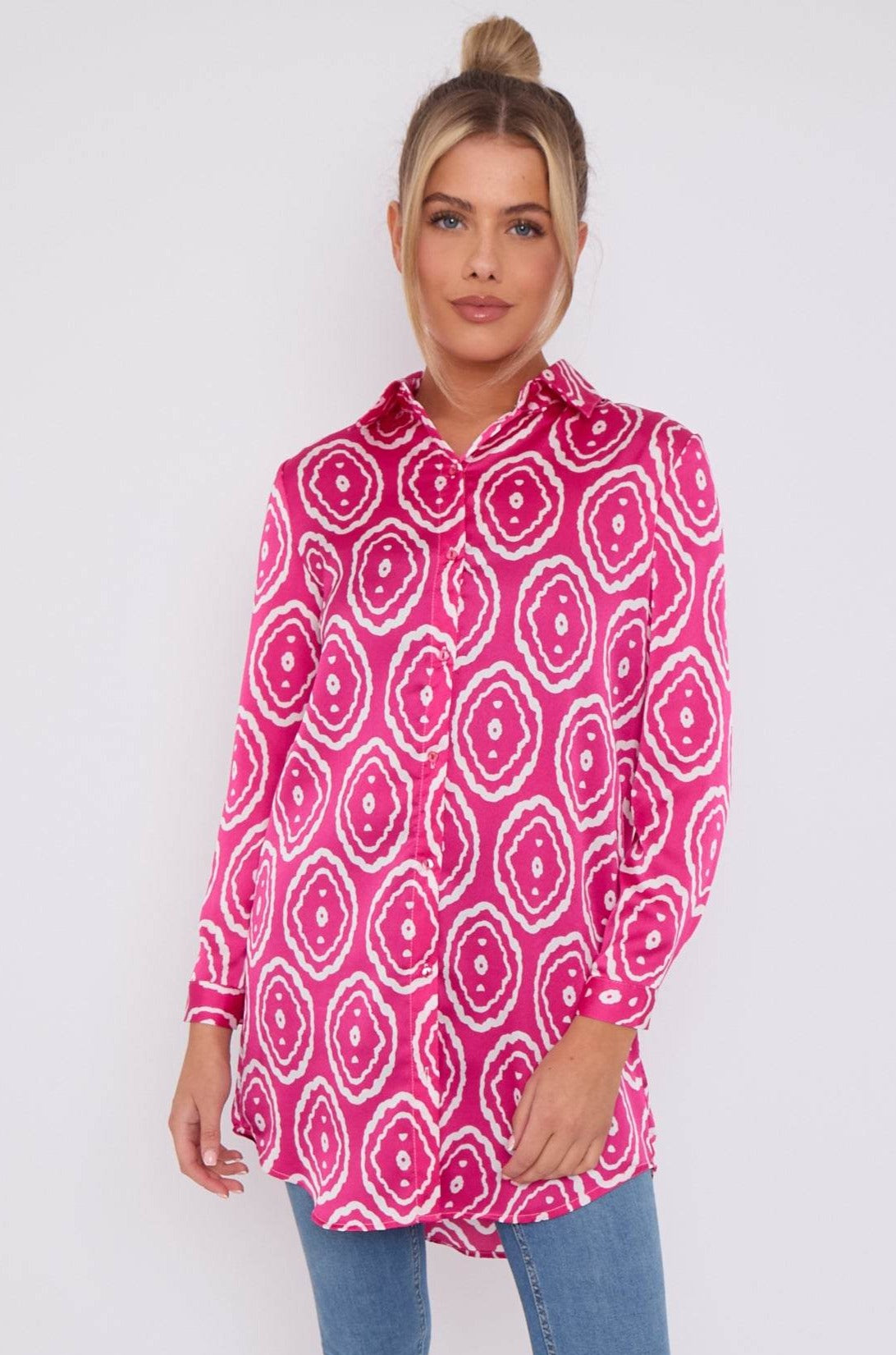 Love Sunshine Pink Tribe Print Bubble Satin Long Shirt LS-5002