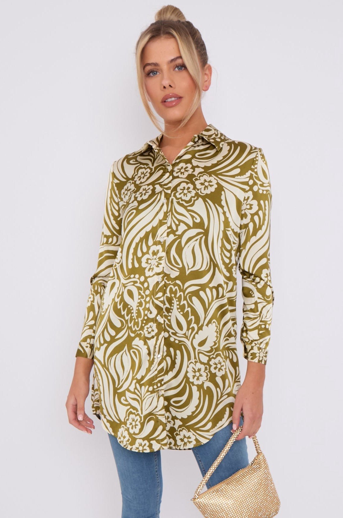 Love Sunshine Olive Green Paisley Print Satin Long Shirt LS-5002