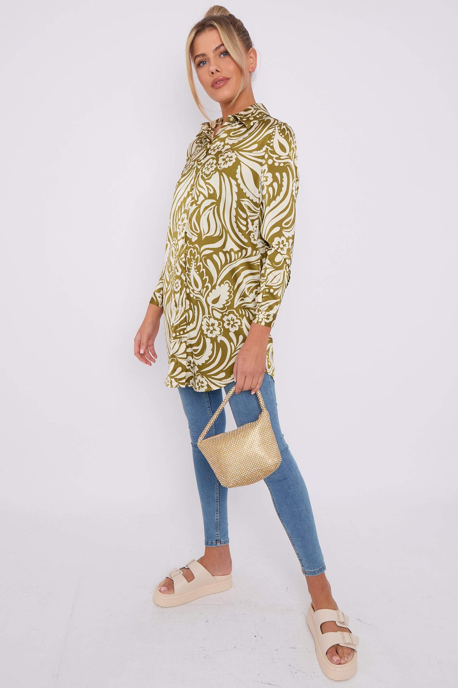 Love Sunshine Olive Green Paisley Print Satin Long Shirt LS-5002