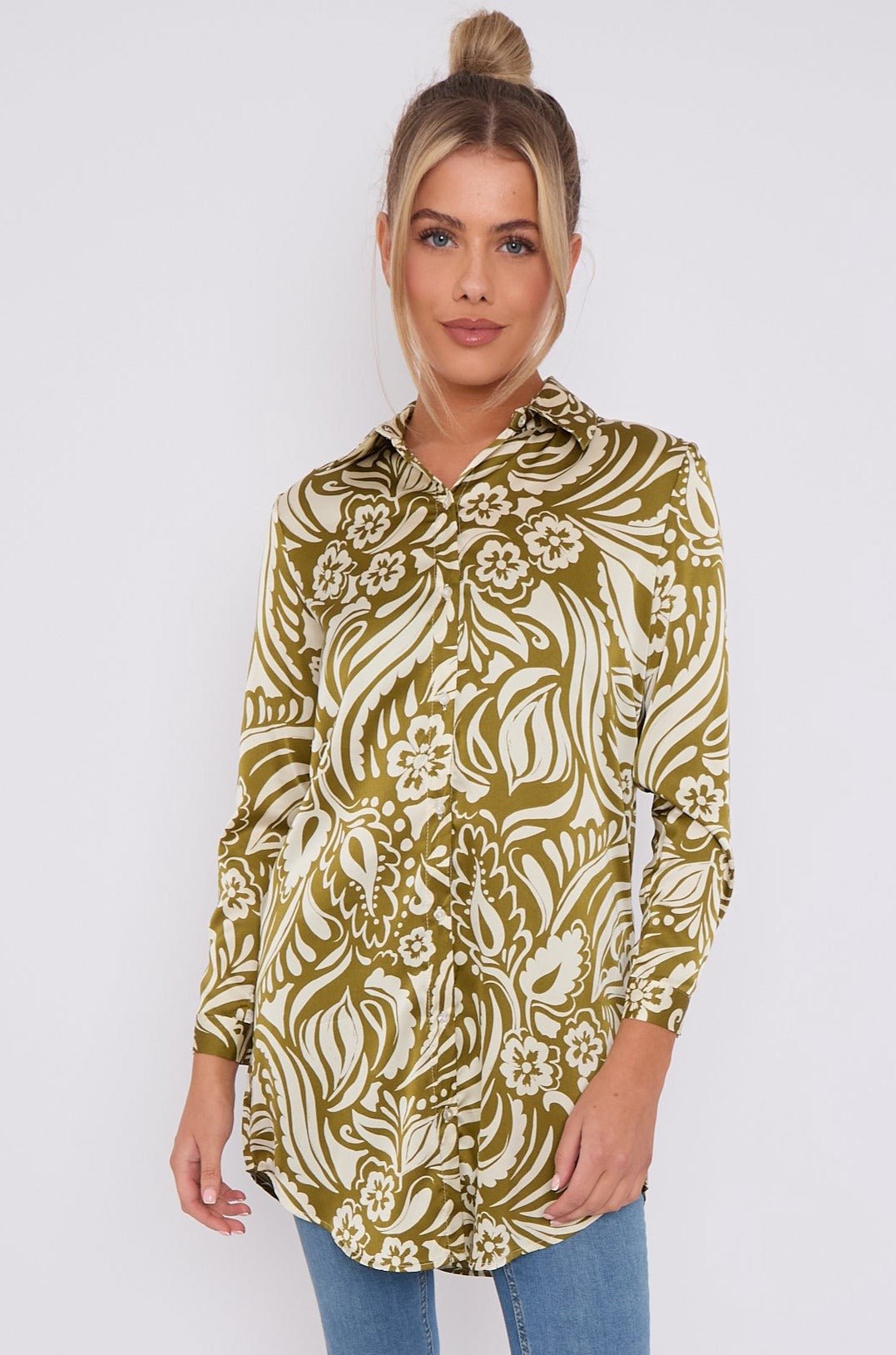 Love Sunshine Olive Green Paisley Print Satin Long Shirt LS-5002