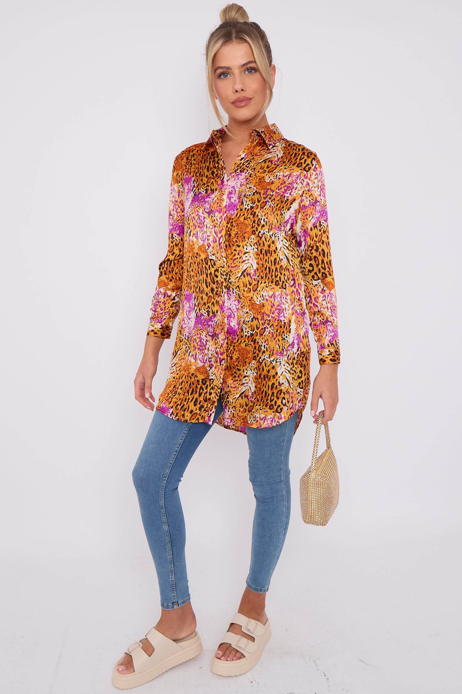 Love Sunshine Fuchsia and Brown Leopard Print Satin Long Shirt LS-5002