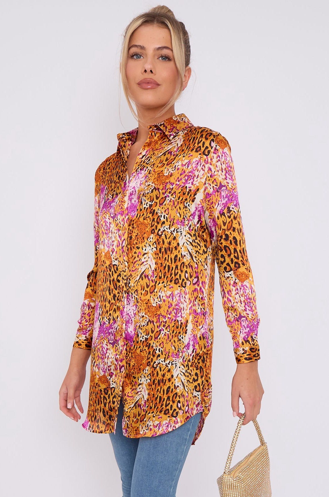 Love Sunshine Fuchsia and Brown Leopard Print Satin Long Shirt LS-5002