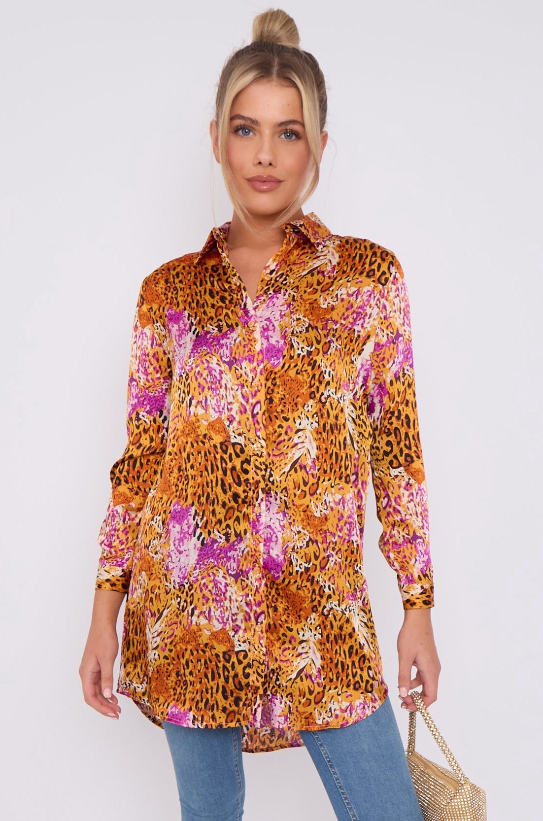 Love Sunshine Fuchsia and Brown Leopard Print Satin Long Shirt LS-5002