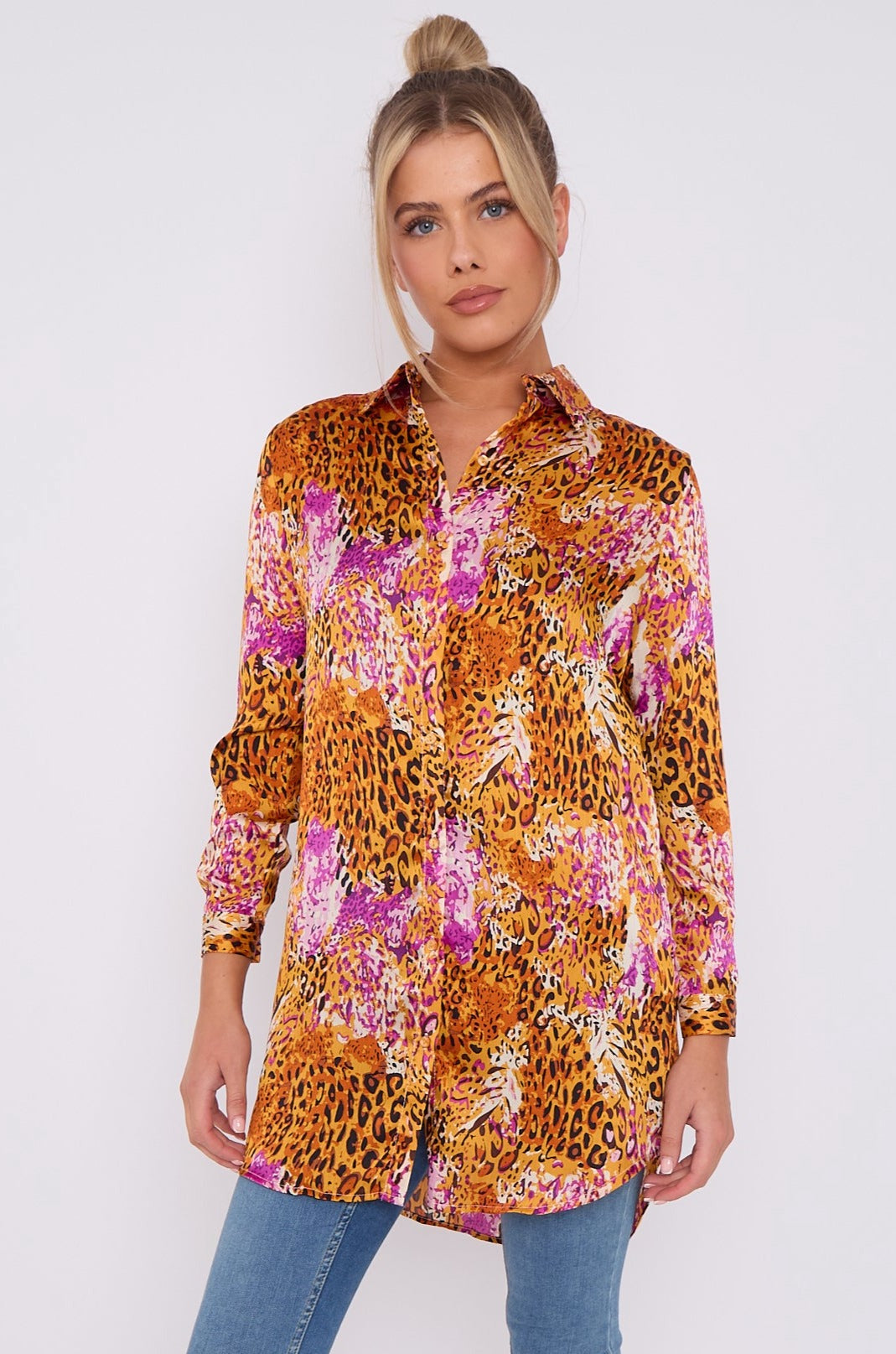 Love Sunshine Fuchsia and Brown Leopard Print Satin Long Shirt LS-5002