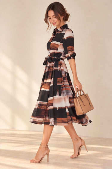 Love Sunshine Brown Abstract Brushstroke Print Belted Midi Shirt Dress Brunch Dress Casual Dress Dress with Pockets Dresses Everyday Dress LS-2045 Workwear Dress