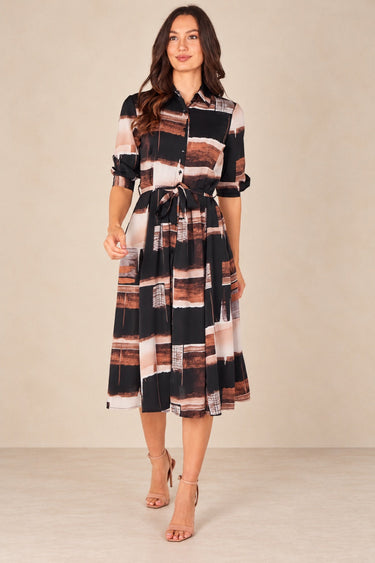 Love Sunshine Brown Abstract Brushstroke Print Belted Midi Shirt Dress Brunch Dress Casual Dress Dress with Pockets Dresses Everyday Dress LS-2045 Workwear Dress