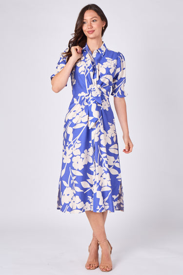 Blue floral print tie front midi shirt dress angled front view
