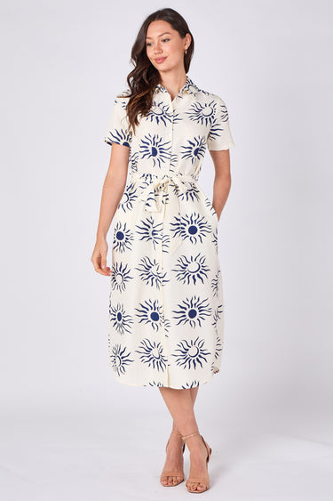 Cream sun print midi shirt dress alternate front view