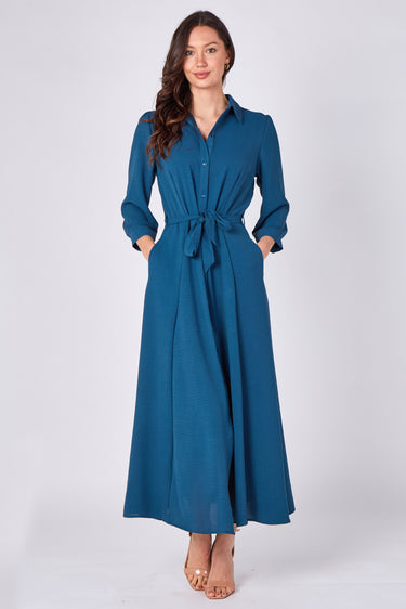 Teal Button Front Belted Maxi Shirt Dress