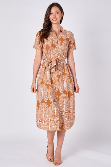Rust paisley print midi shirt dress front view
