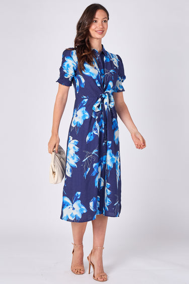 Navy blue floral print midi shirt dress side view