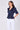 Navy short sleeve tie front satin top side view