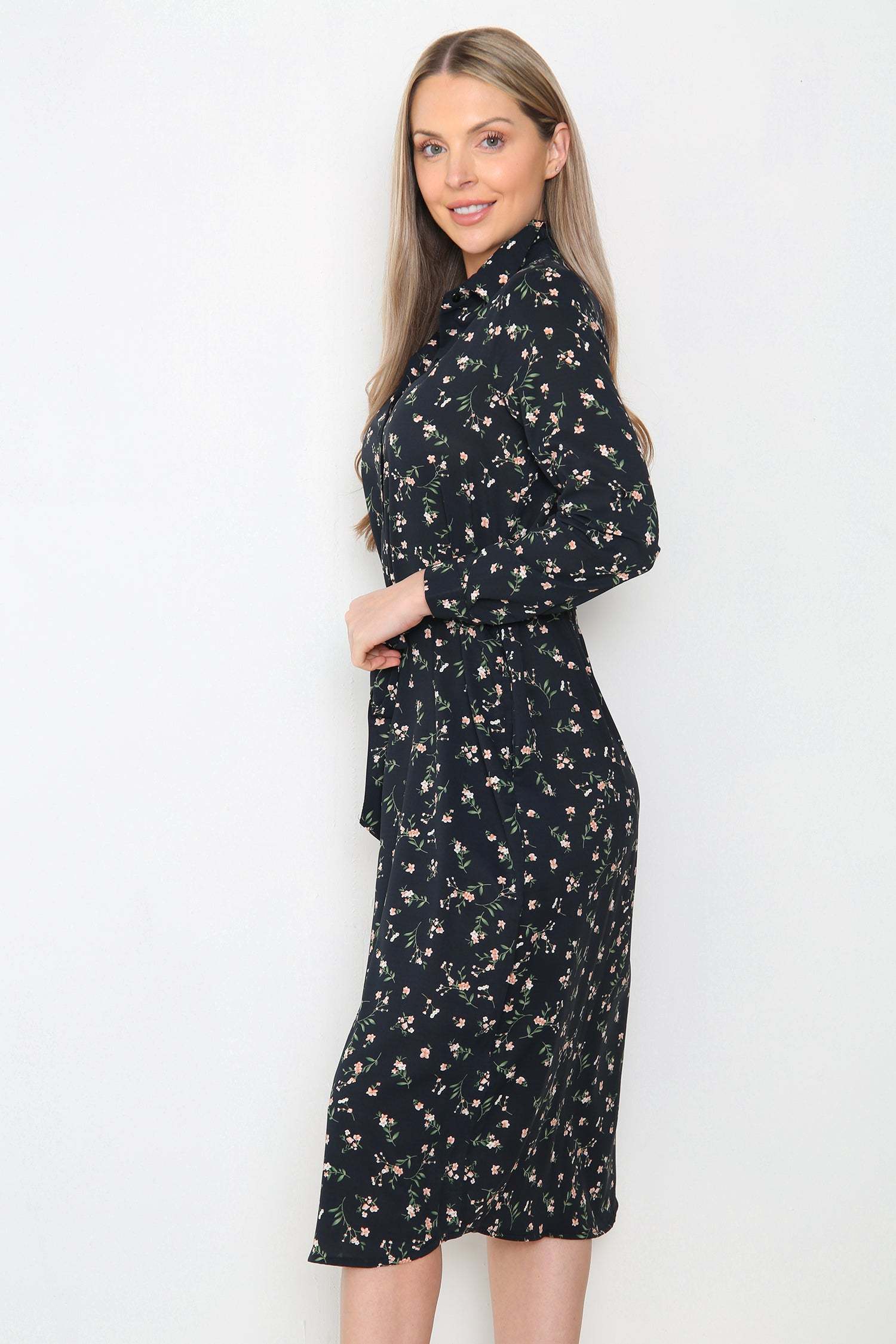 Love Sunshine Black Floral Print Midi Shirt Dress LS-2156