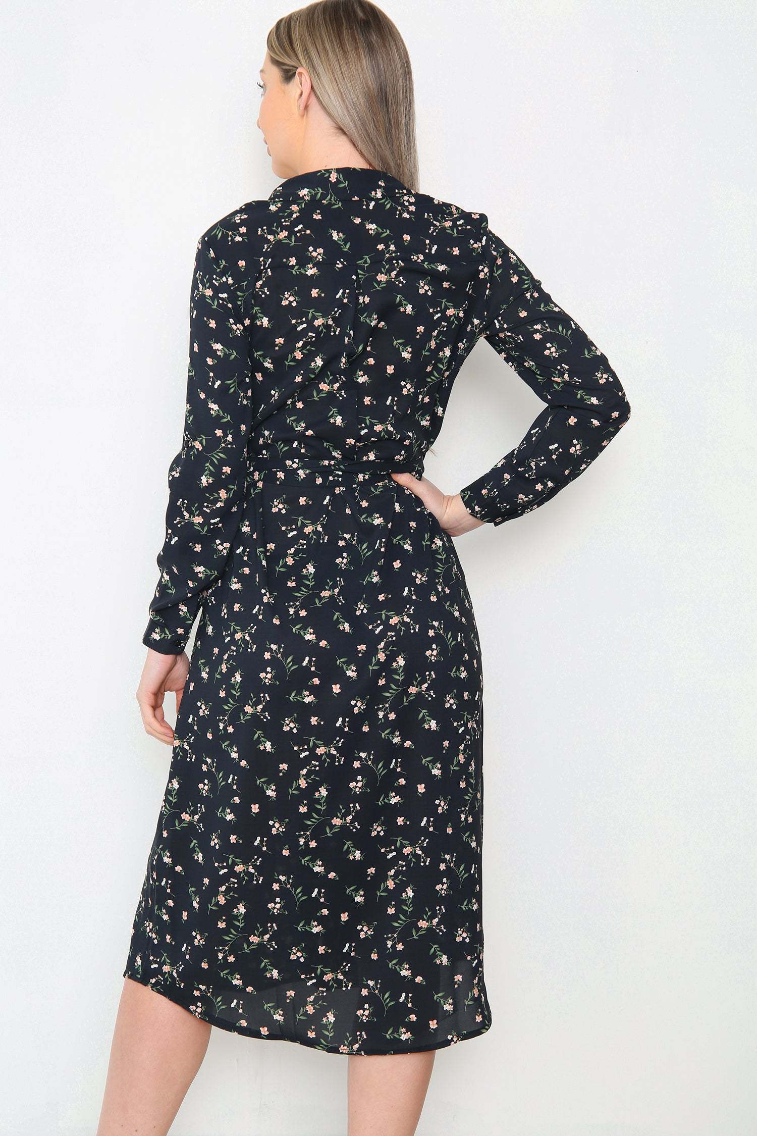 Love Sunshine Black Floral Print Midi Shirt Dress LS-2156