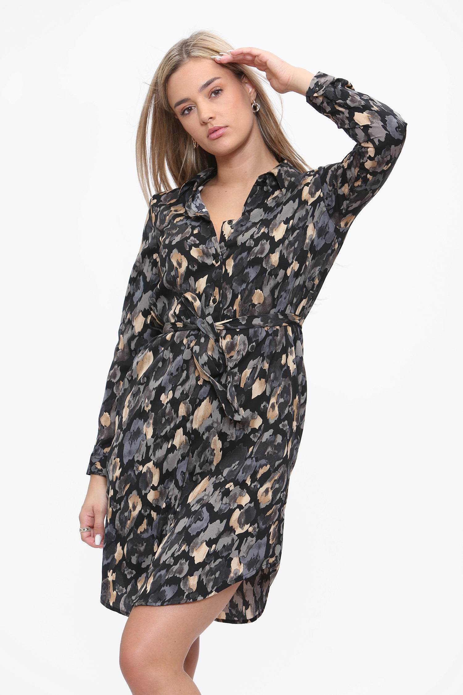 Love Sunshine Gold and Black Print Mini Shirt Dress Brunch Dress Casual Dress Dress with Pockets Everyday Dress Leopard Print Dress Long Sleeve Dress LS-5026 Workwear Dress