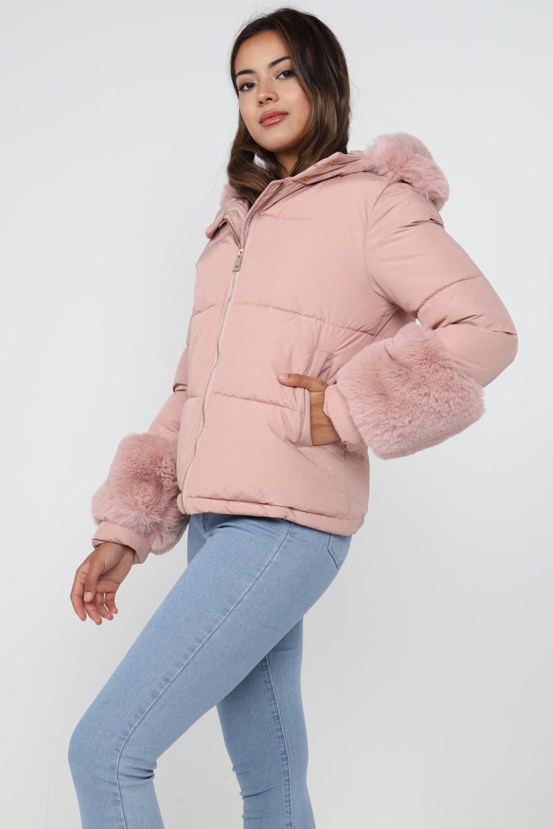 Love Sunshine Pink Faux Fur Cuffed Puffer Jacket with Hood LS-2012