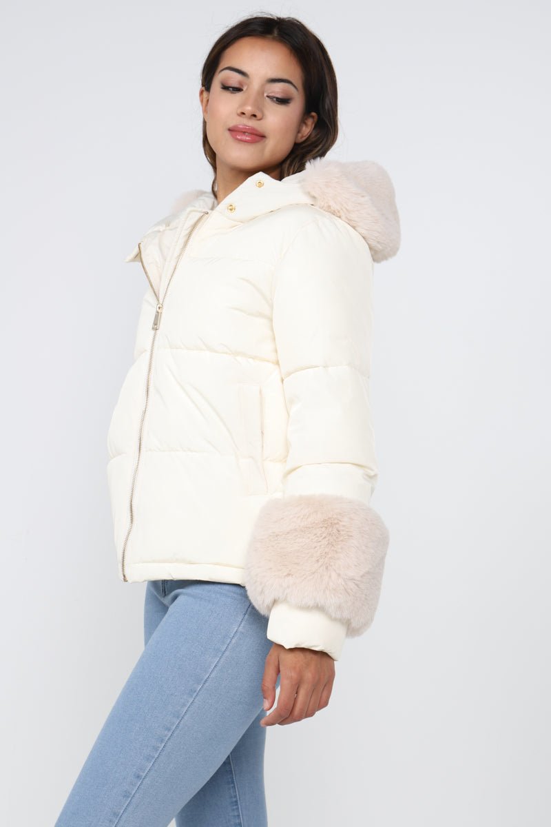 Love Sunshine Cream Faux Fur Cuffed Puffer Coat with Hood LS-2012