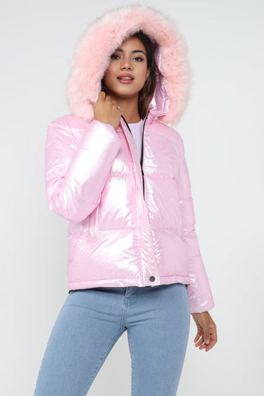 Love Sunshine Metalic Pink Puffer Jacket with Faux Fur on Hood LS-9030