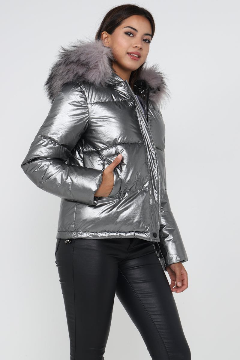 Love Sunshine Metalic Grey Puffer Coat with Faux Fur on Hood LS-9030