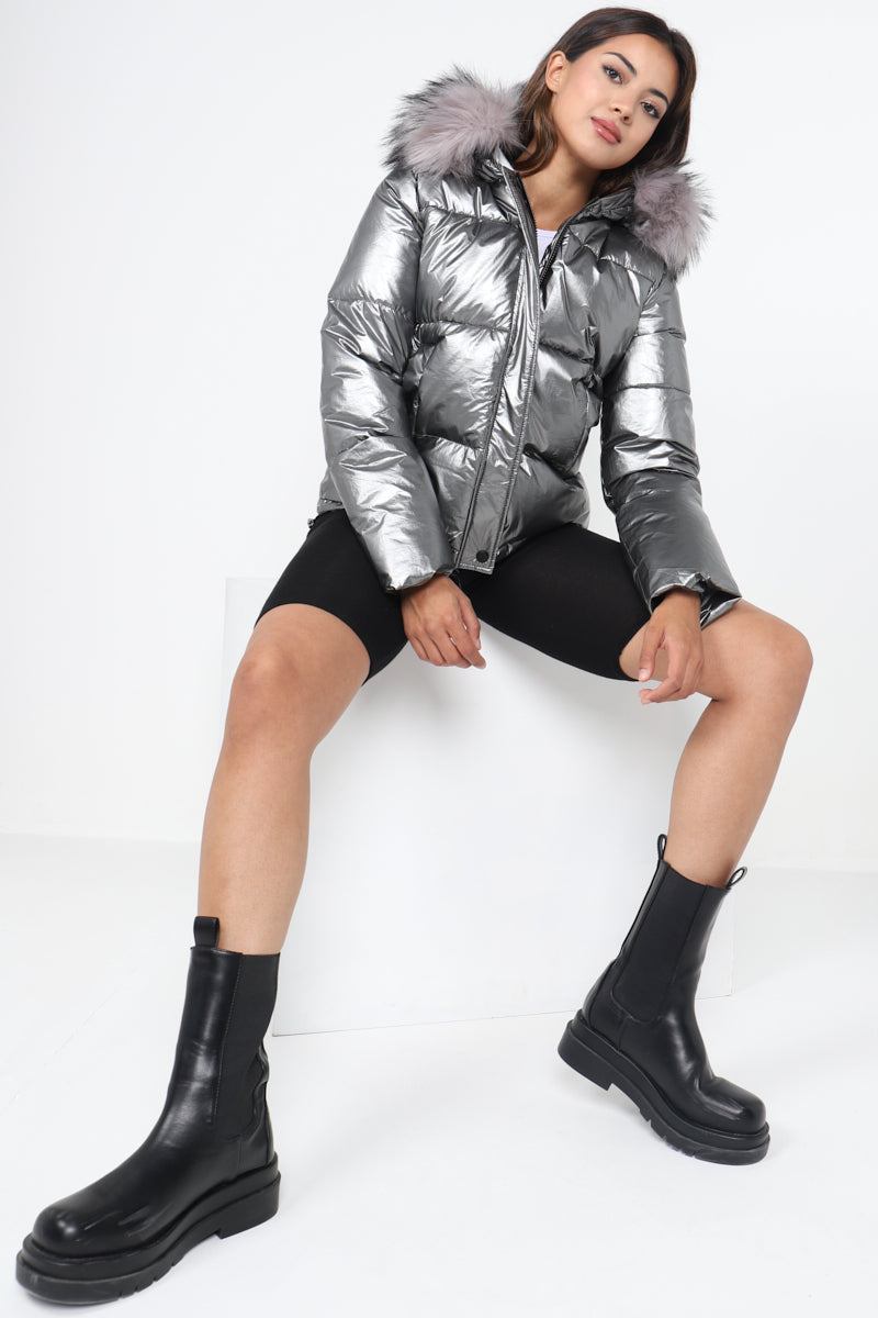 Love Sunshine Metalic Grey Puffer Coat with Faux Fur on Hood LS-9030