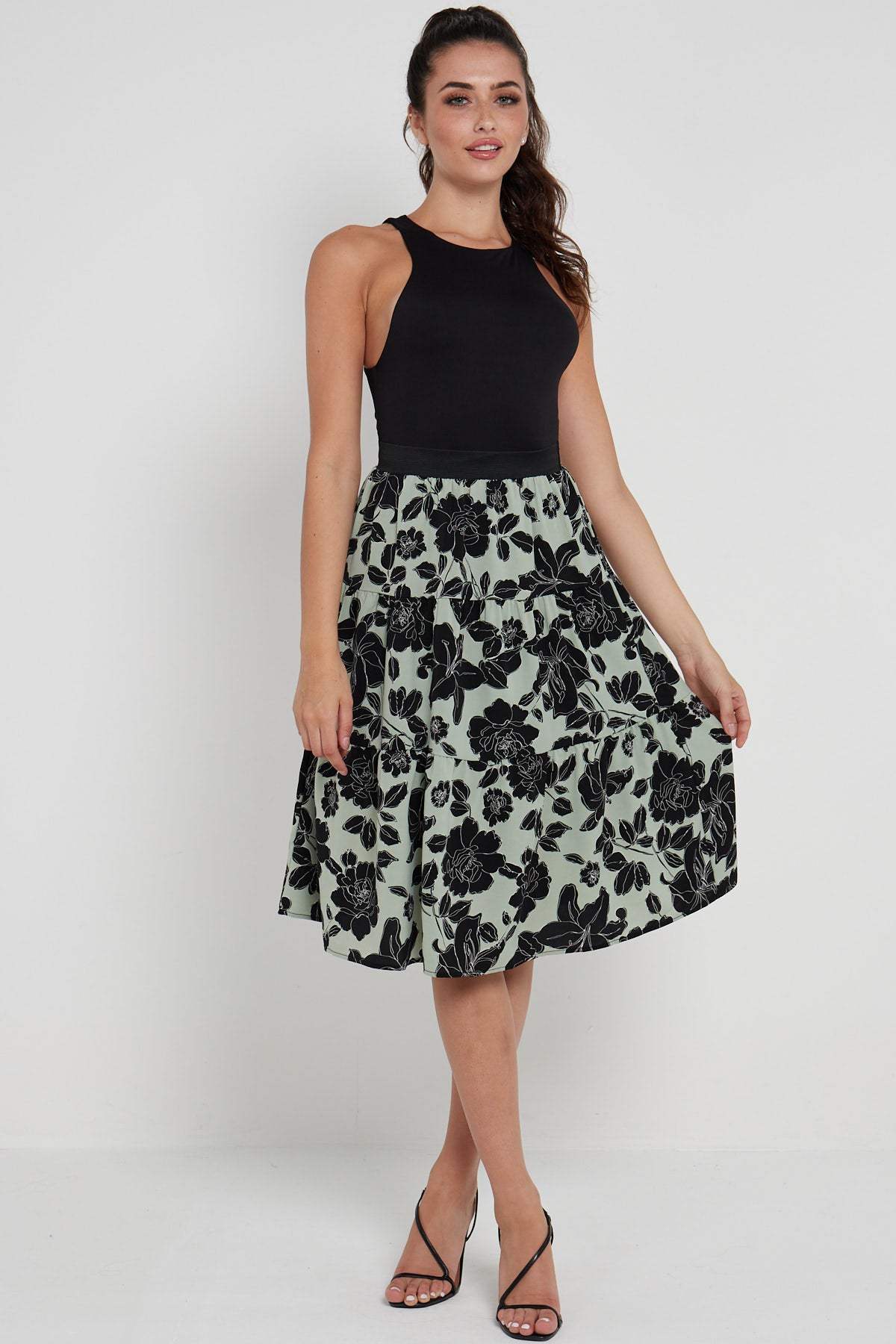 Love Sunshine Mint Floral Printed Tiered Midi Skirt LS-2148 skirts