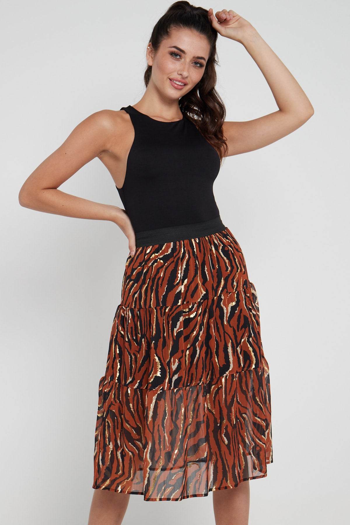 Love Sunshine Rust Zebra Printed Gold Striped Tiered Midi Skirt LS-2148 skirts