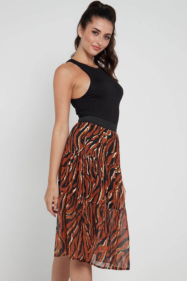 Love Sunshine Rust Zebra Printed Gold Striped Tiered Midi Skirt LS-2148 skirts