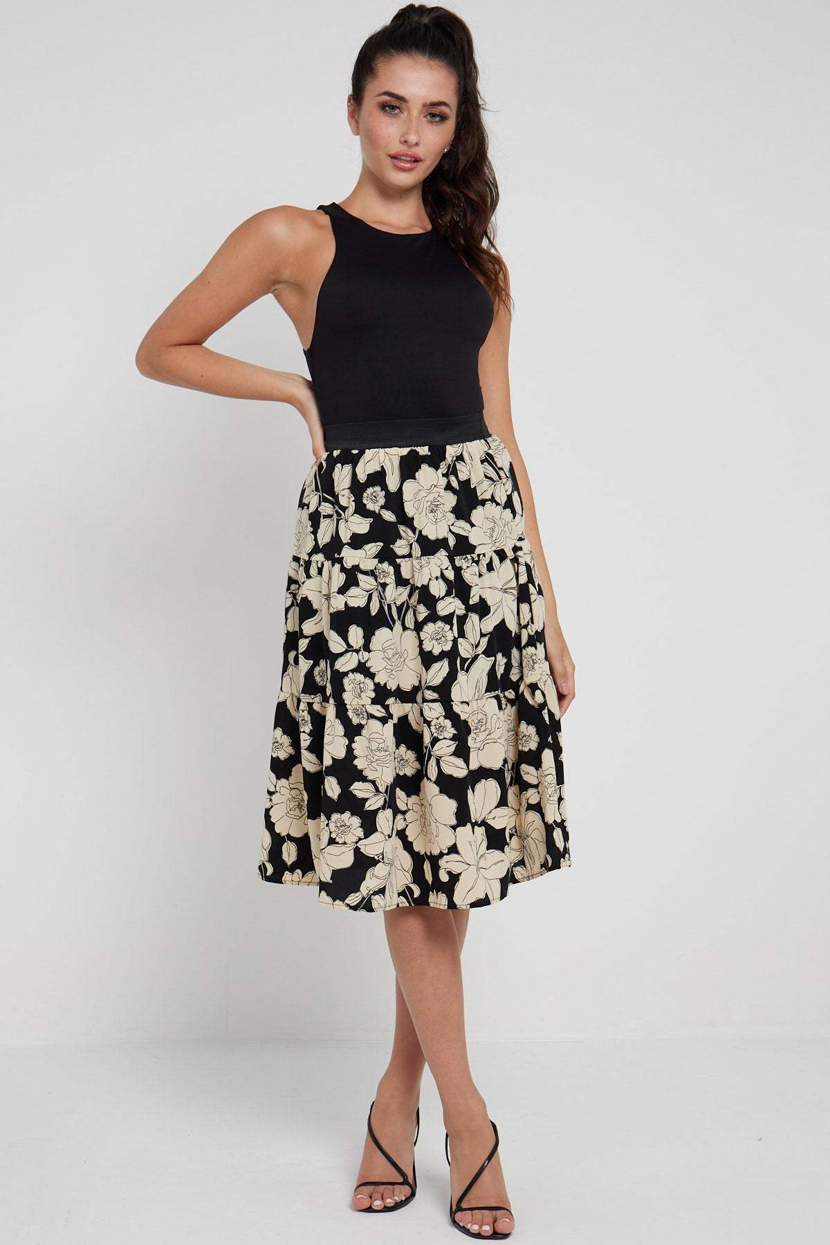 Love Sunshine Black Floral Printed Tiered Midi Skirt LS-2148 skirts