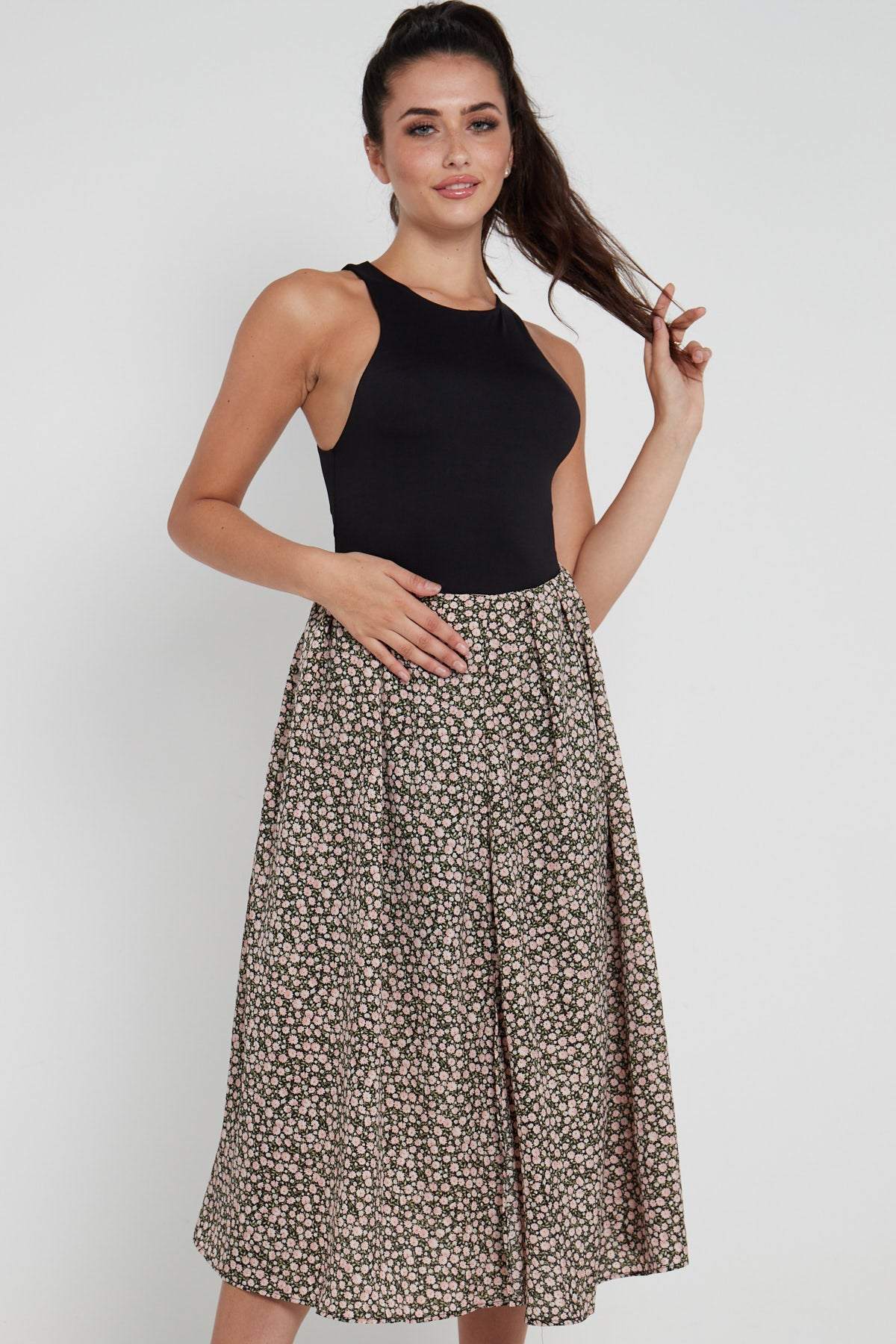 Love Sunshine Ditsy Floral Printed Side Slit Pleated Midi Skirt LS-2145 skirts