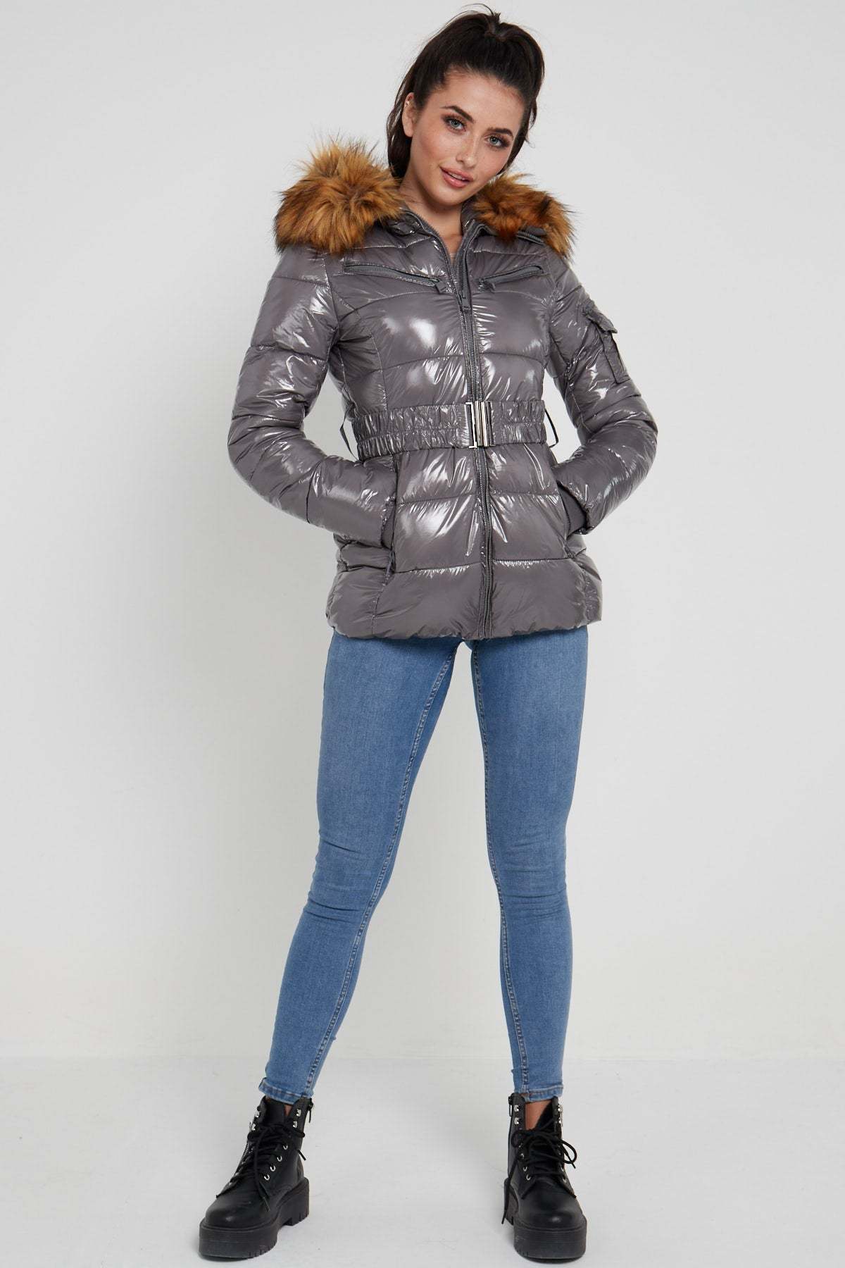 Love Sunshine Shiny Grey Belted Puffer Coat with Faux Fur hood LS-6049