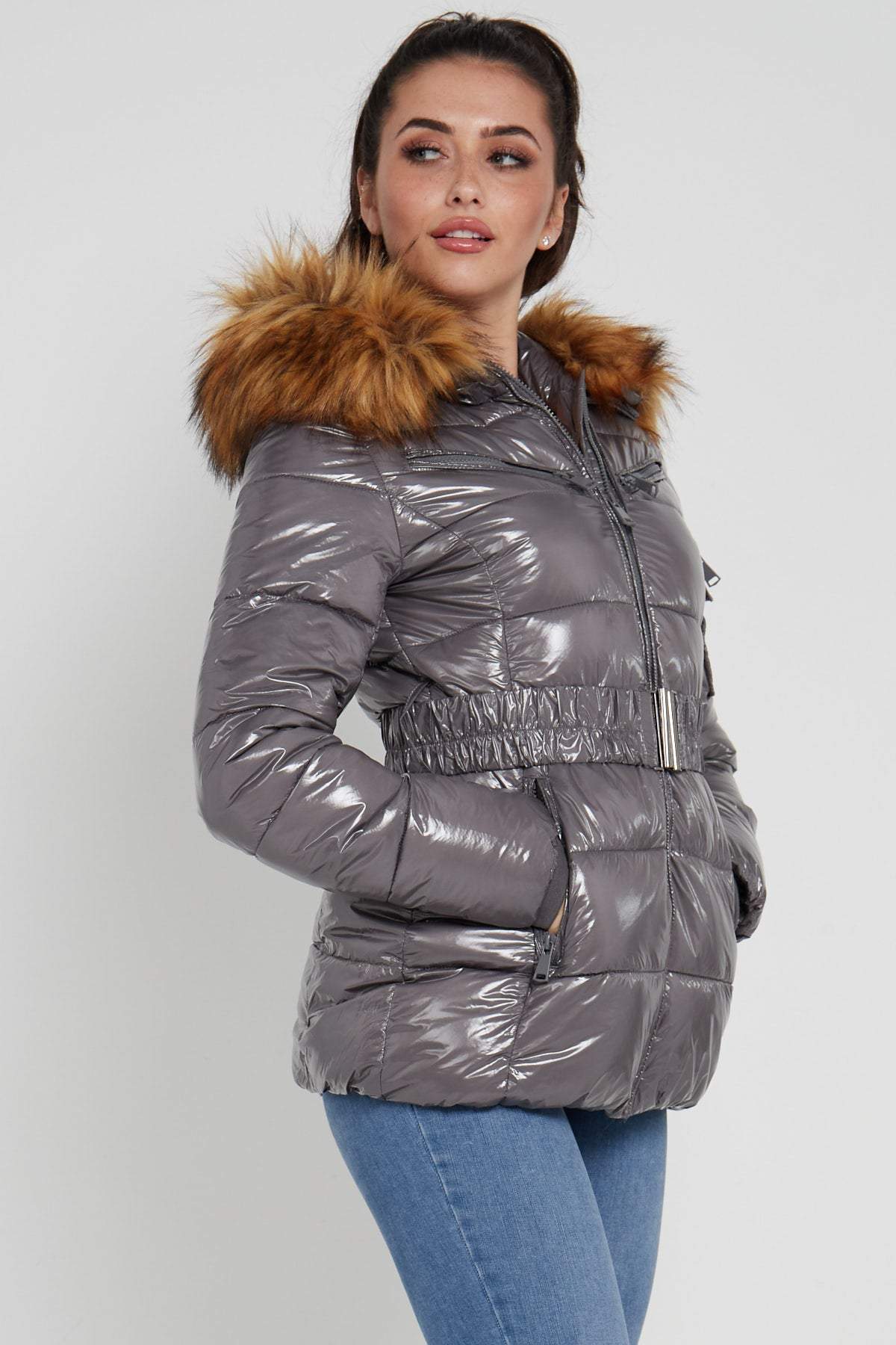 Love Sunshine Shiny Grey Belted Puffer Coat with Faux Fur hood LS-6049