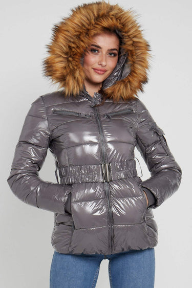 Love Sunshine Shiny Grey Belted Puffer Coat with Faux Fur hood LS-6049