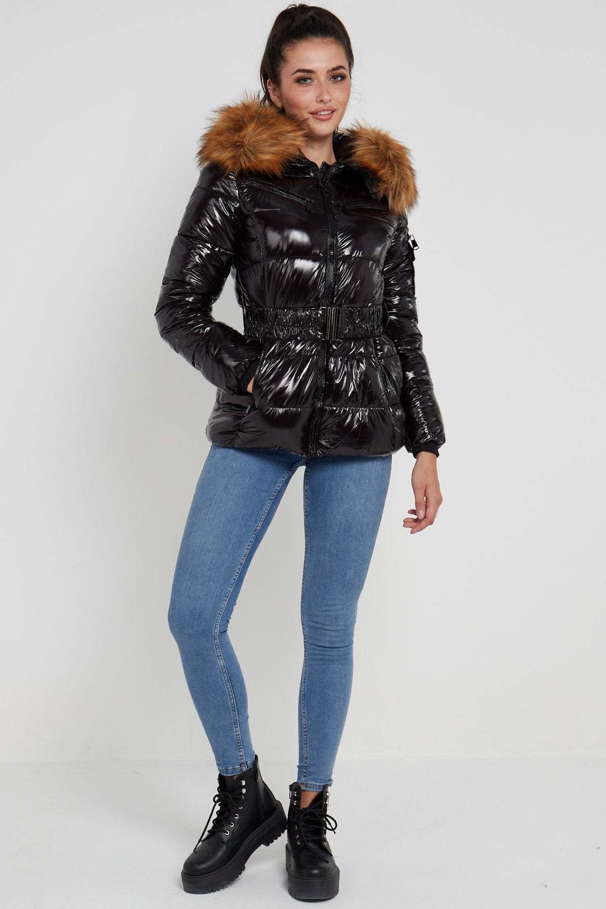 Love Sunshine Shiny Black Belted Puffer Coat with Faux Fur hood LS-6049