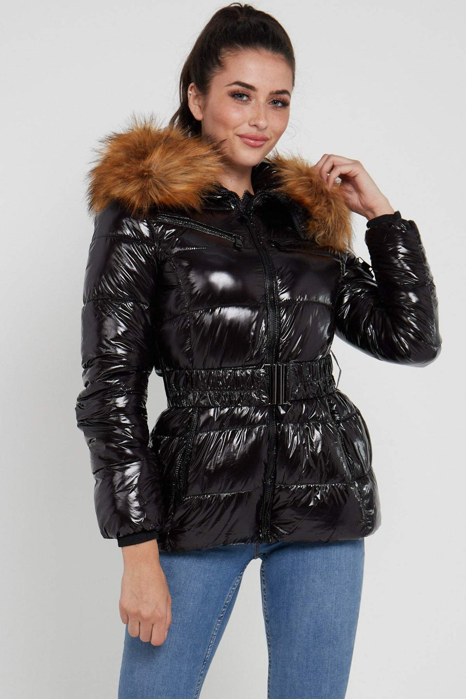 Shiny Black Belted Puffer Coat with Faux Fur hood – LOVE SUNSHINE