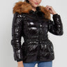 Love Sunshine Shiny Black Belted Puffer Coat with Faux Fur hood LS-6049