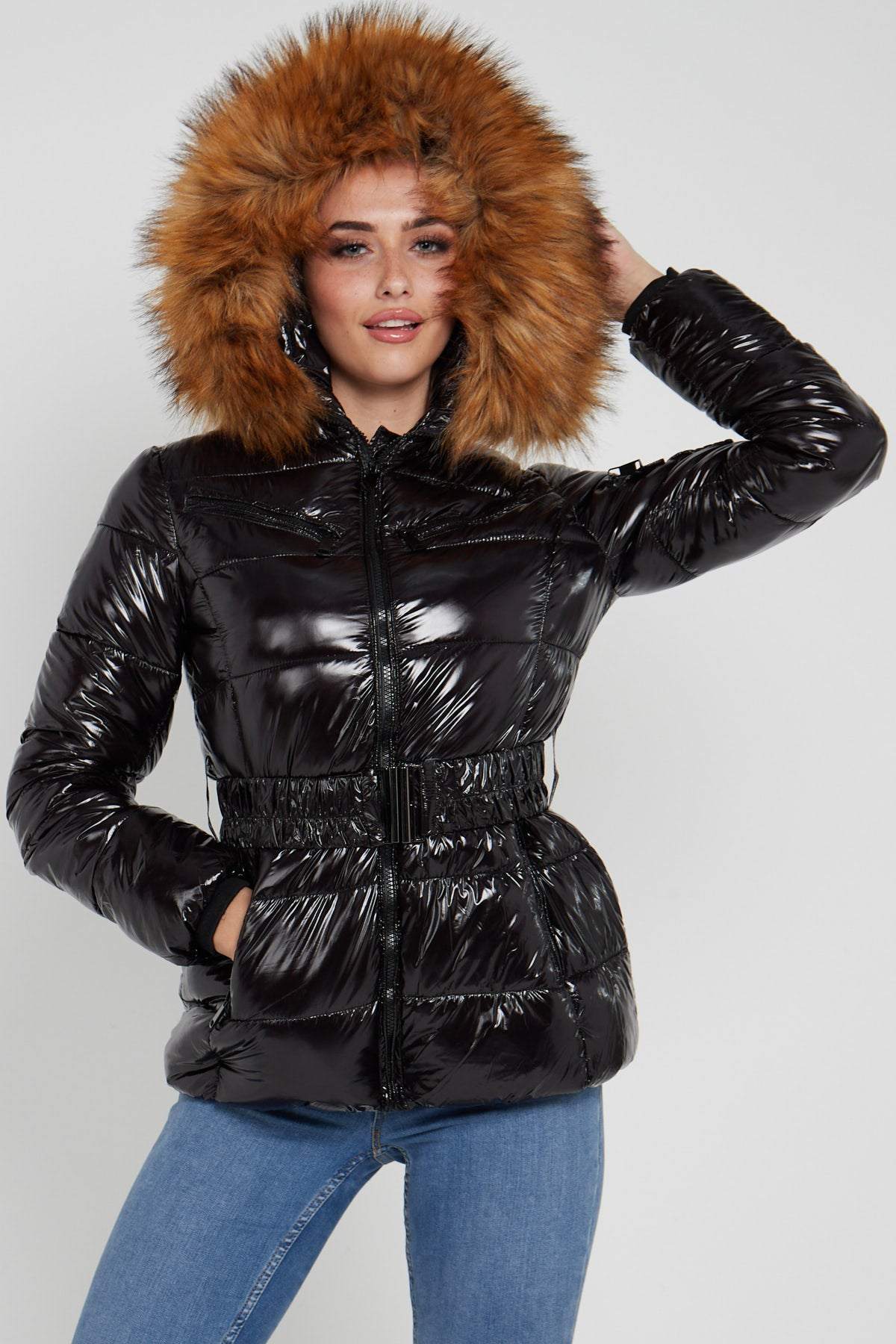 Love Sunshine Shiny Black Belted Puffer Coat with Faux Fur hood LS-6049