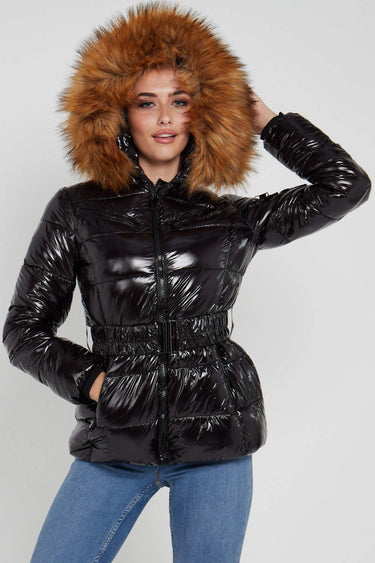 Love Sunshine Shiny Black Belted Puffer Coat with Faux Fur hood LS-6049
