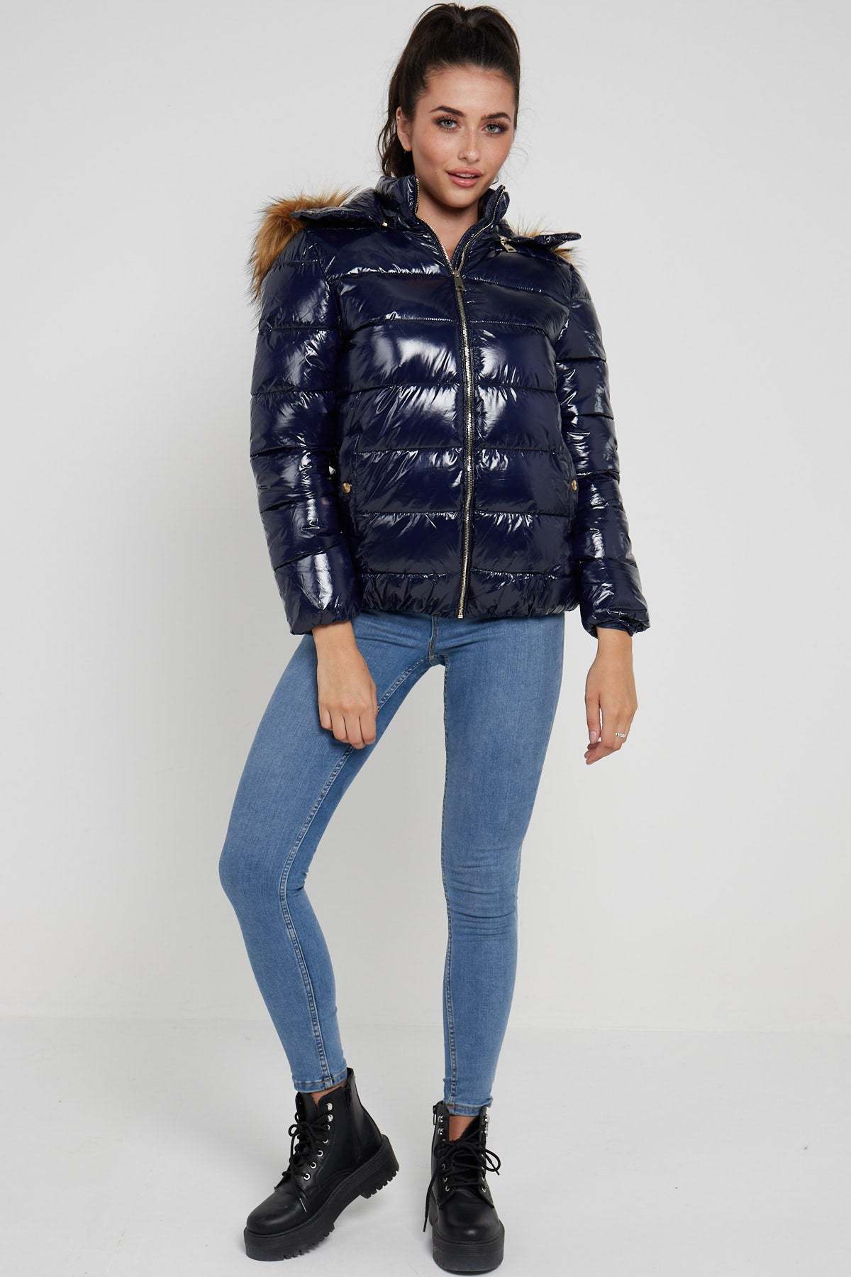 Love Sunshine Wet Look Padded Jacket with Faux Fur Hood in Shiny Navy LS-6042
