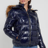 Love Sunshine Wet Look Padded Jacket with Faux Fur Hood in Shiny Navy LS-6042