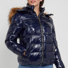 Love Sunshine Wet Look Padded Jacket with Faux Fur Hood in Shiny Navy LS-6042